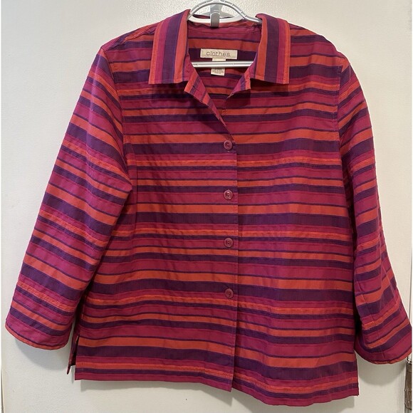c.l.o.t.h.e.s. L Striped Button Front Jacket Top 3/4 Sleeve Magenta Purple - Picture 1 of 7